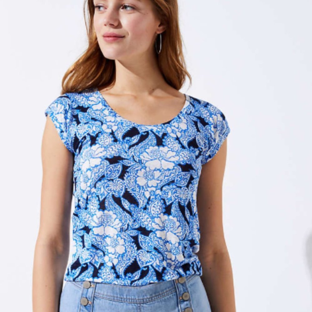 NEW NWT Loft Floral Paisley Linen Shirttail Tee Color: Blue